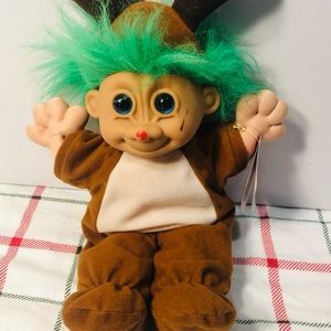 Russ Troll Kidz Rudy Reindeer Doll 11" Green Hair, Antlers, Red Nose With Tag
